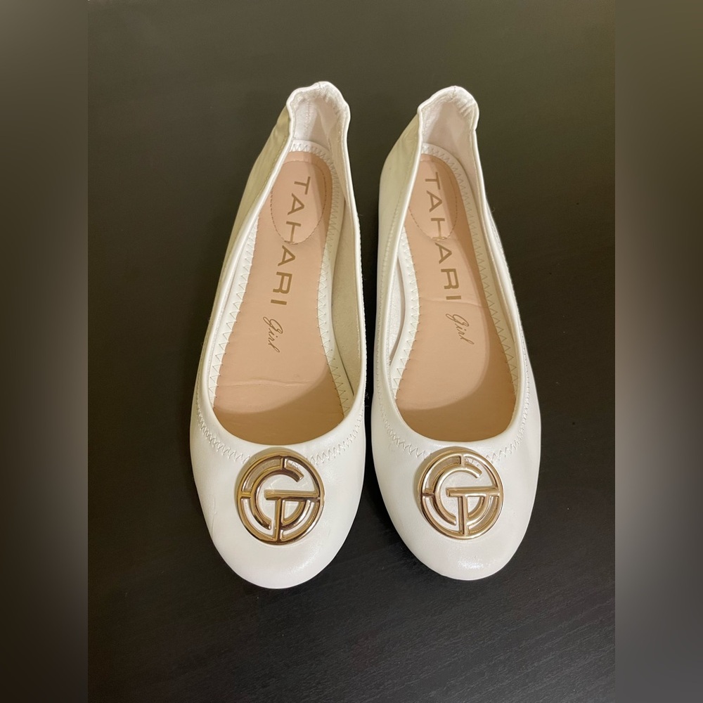 Tahari White and Gold Flats with Elegant Emblem - Picture 1 of 8